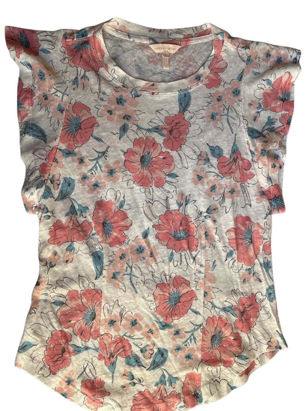 Rebecca Taylor Coral & Teal Floral Short Sleeve Top
